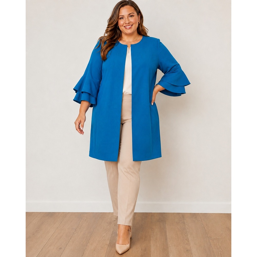 Tahari Arthur S Levine Size 18 Blue Long Jacket Tiered Bell Sleeve Open Front